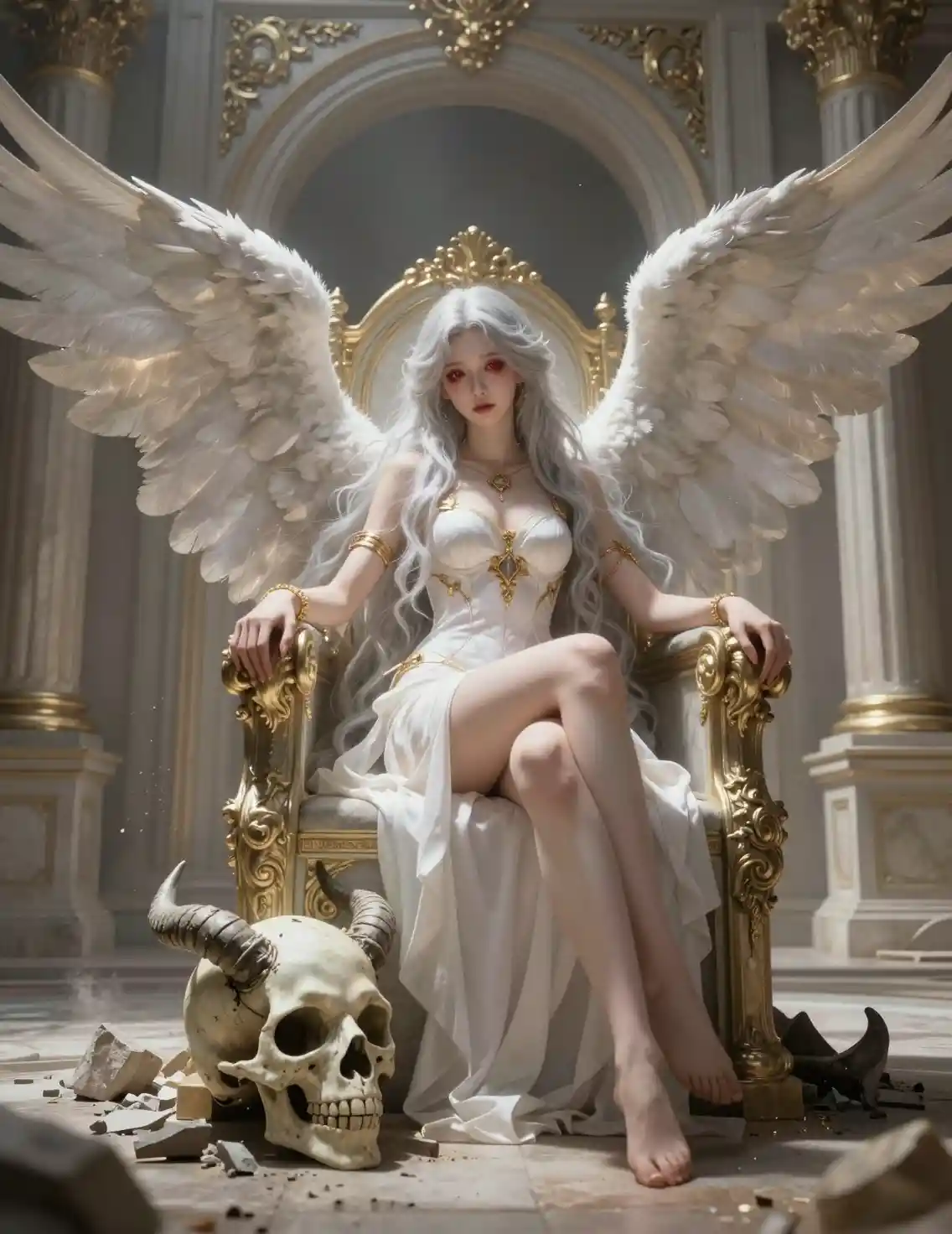 Melancholic angel seated on a grand ornate throne