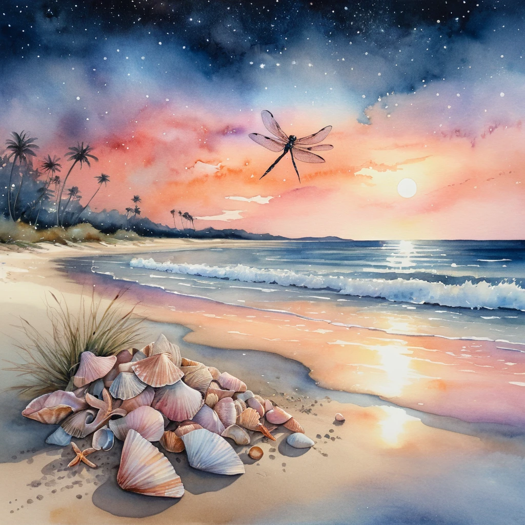 Watercolor dragonfly over a moonlit beach at sunset