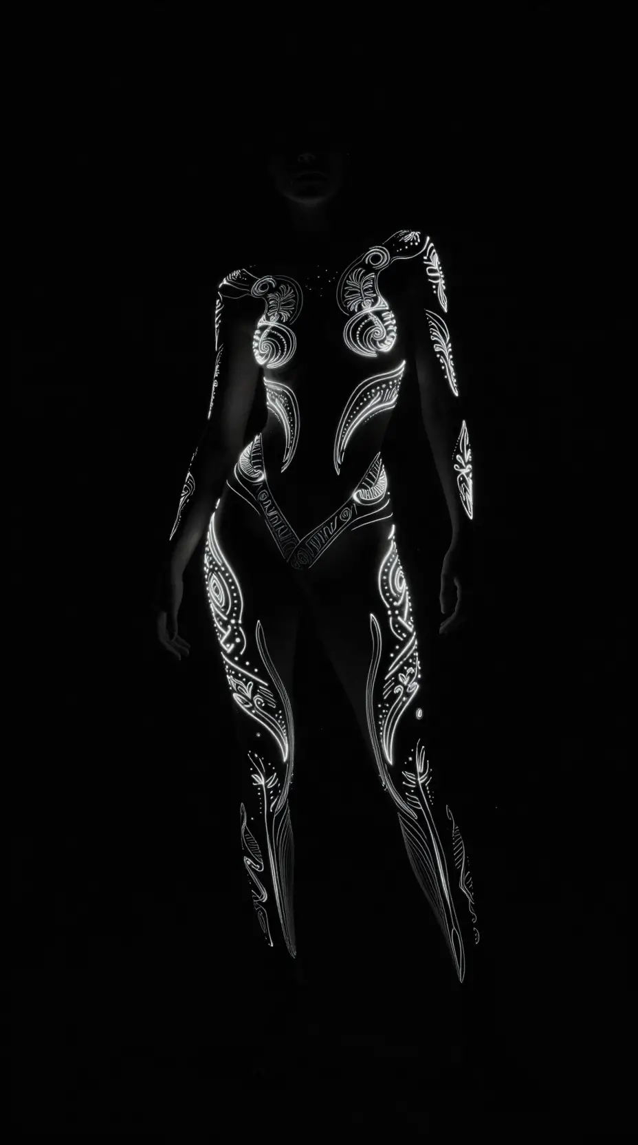 Glowing creature defined by light patterns in darkness