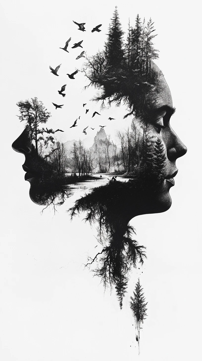 Surreal Portrait Silhouette Filled With Living Biome