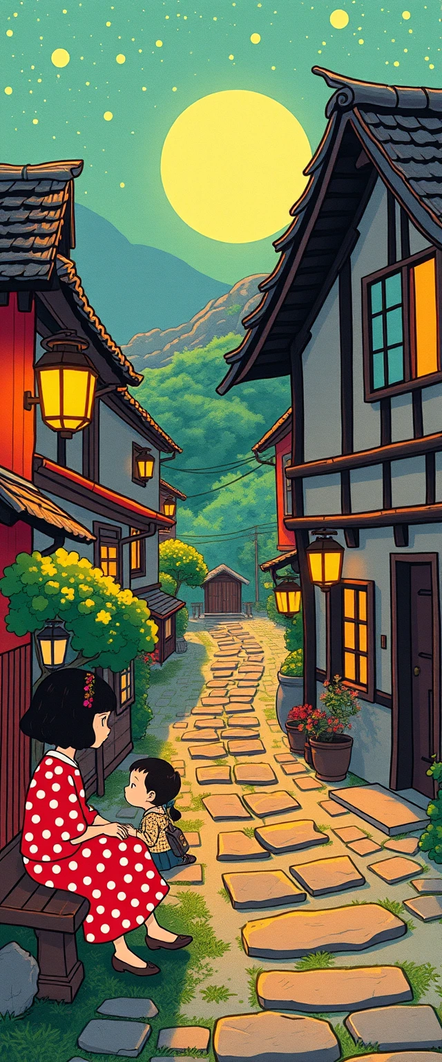 Whimsical neon village filled with quirky cartoon characters