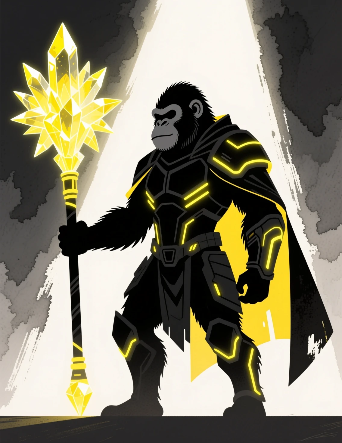 Watercolor sci fi ape warrior in glowing backlight
