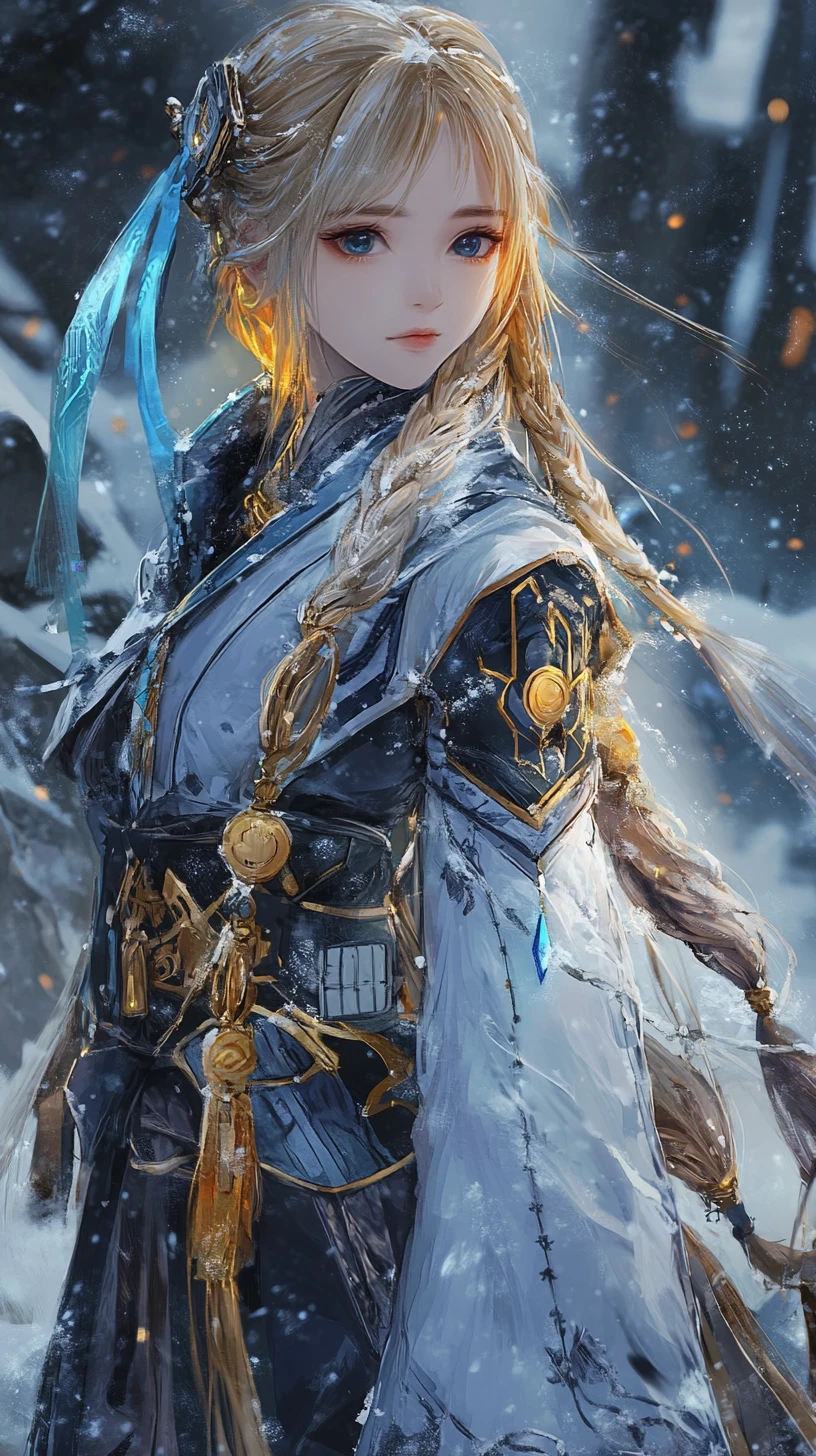 Golden haired girl in armor with sword and white rose
