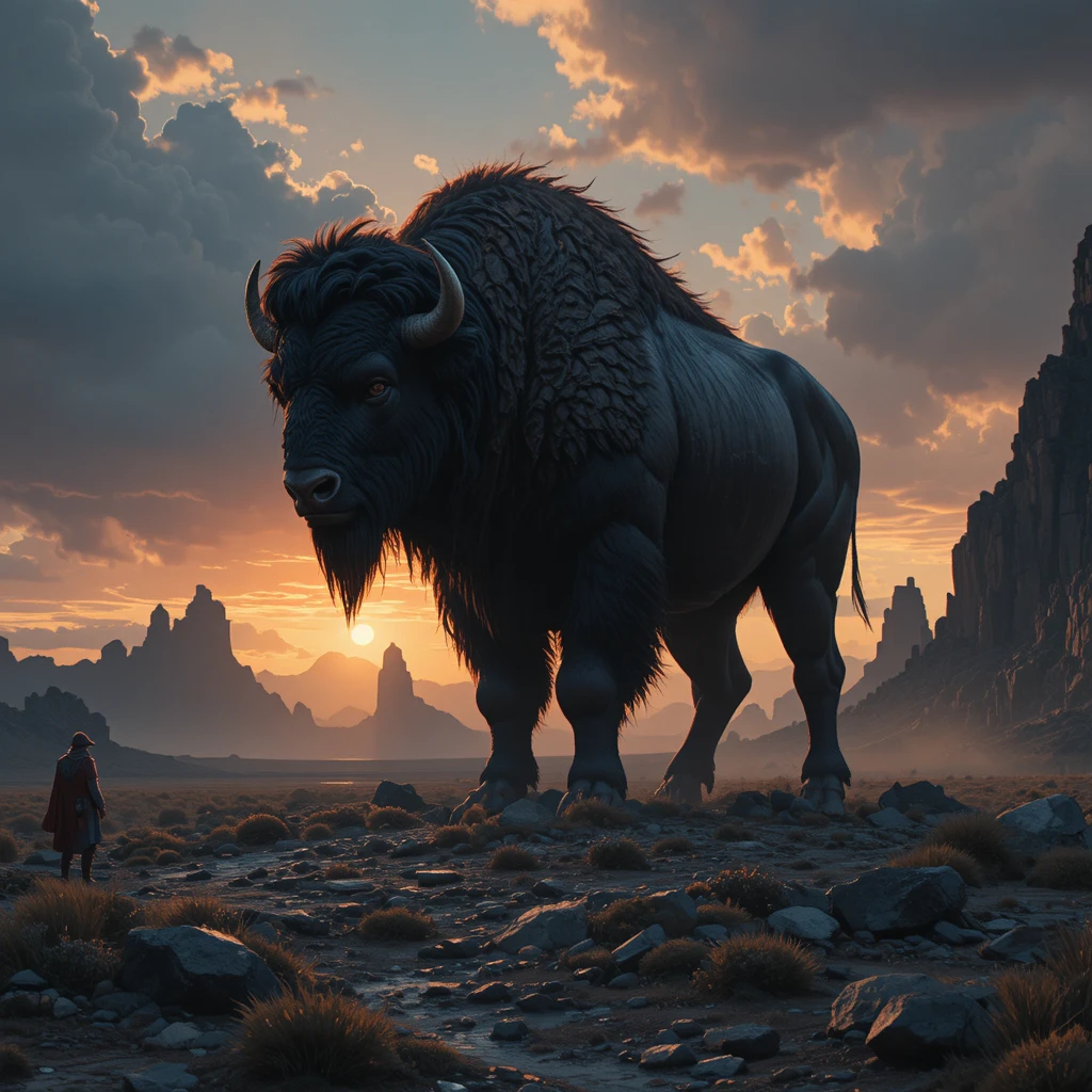 Solitary bison on a windswept plateau at stormy twilight
