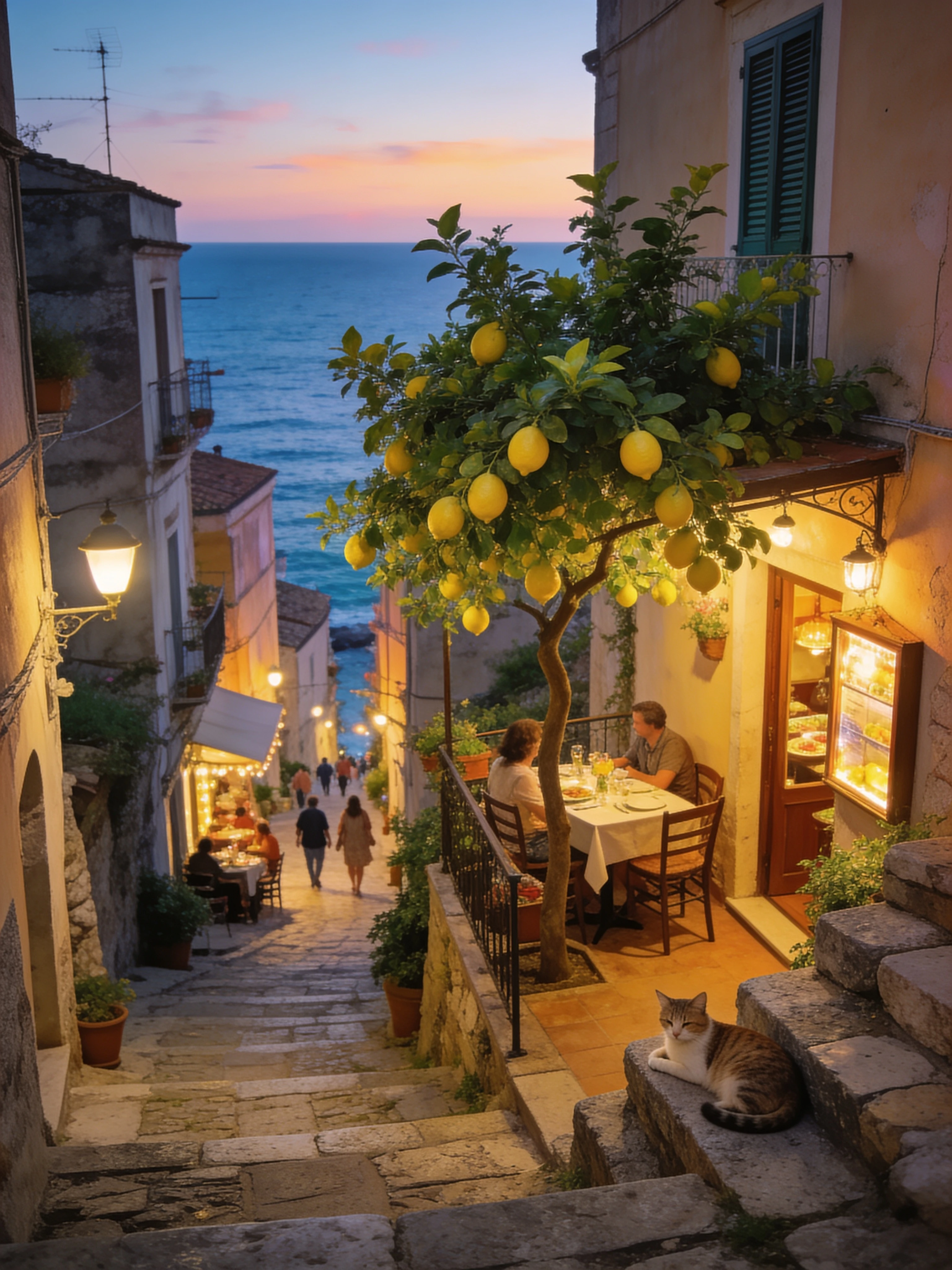 Acogedor callejón siciliano con vistas al mar y limonero