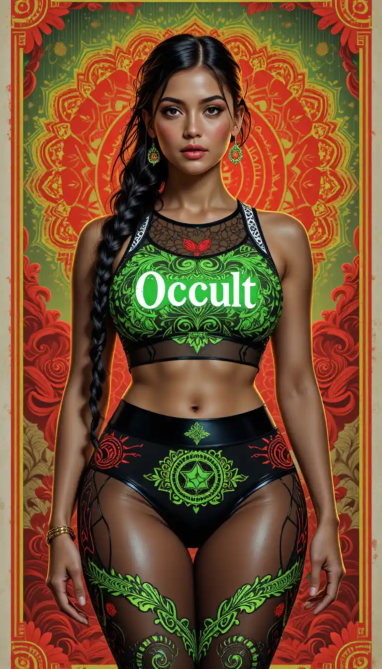 Curvy South American woman in neon mandala sportswear