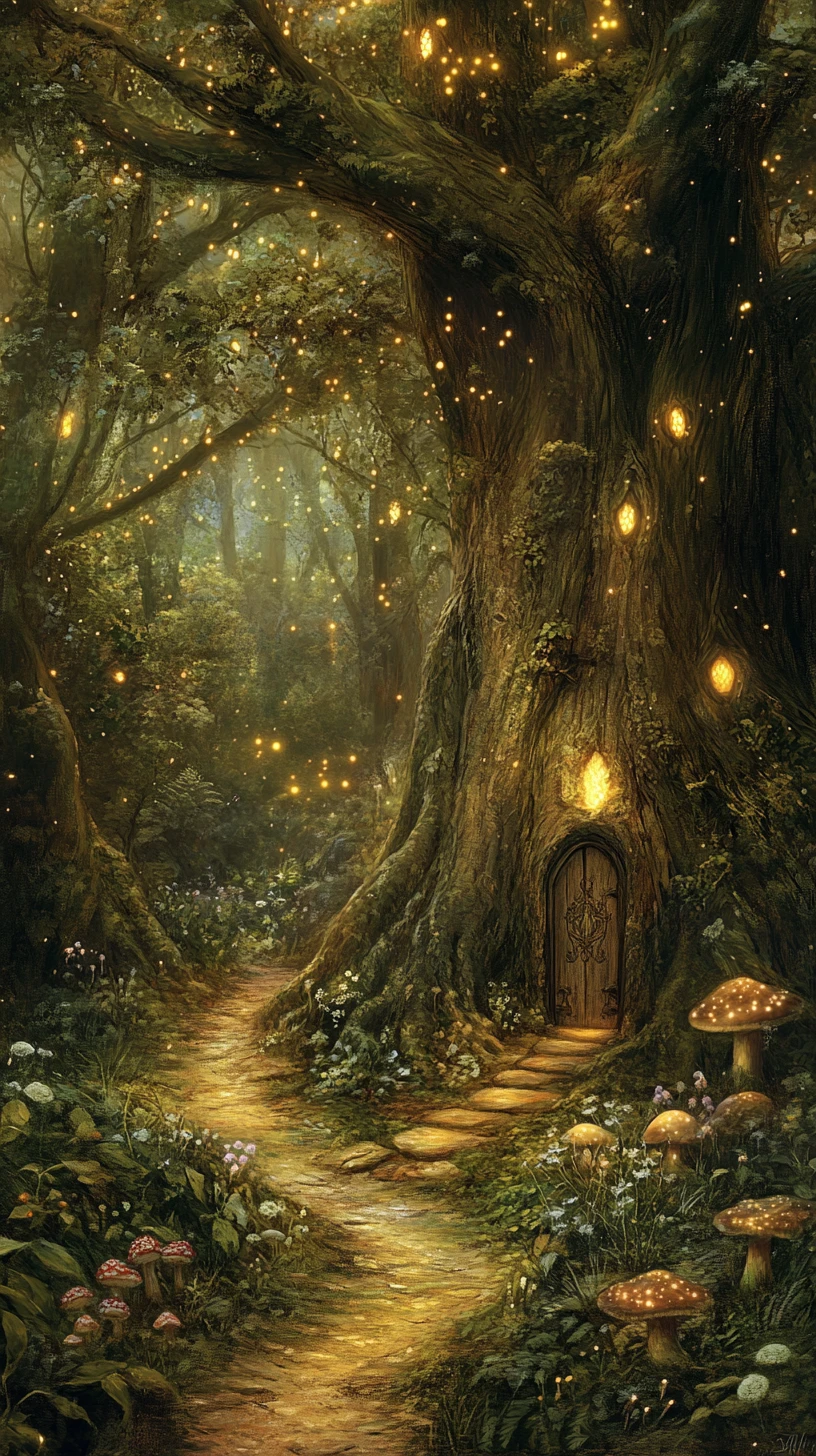 Mystical forest path with glowing mushrooms and fireflies