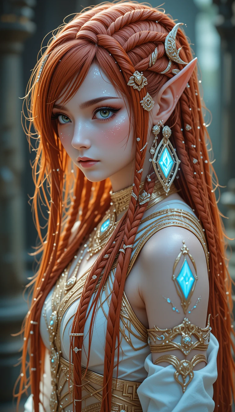 Alien elf priestess in glowing runed ceremonial outfit
