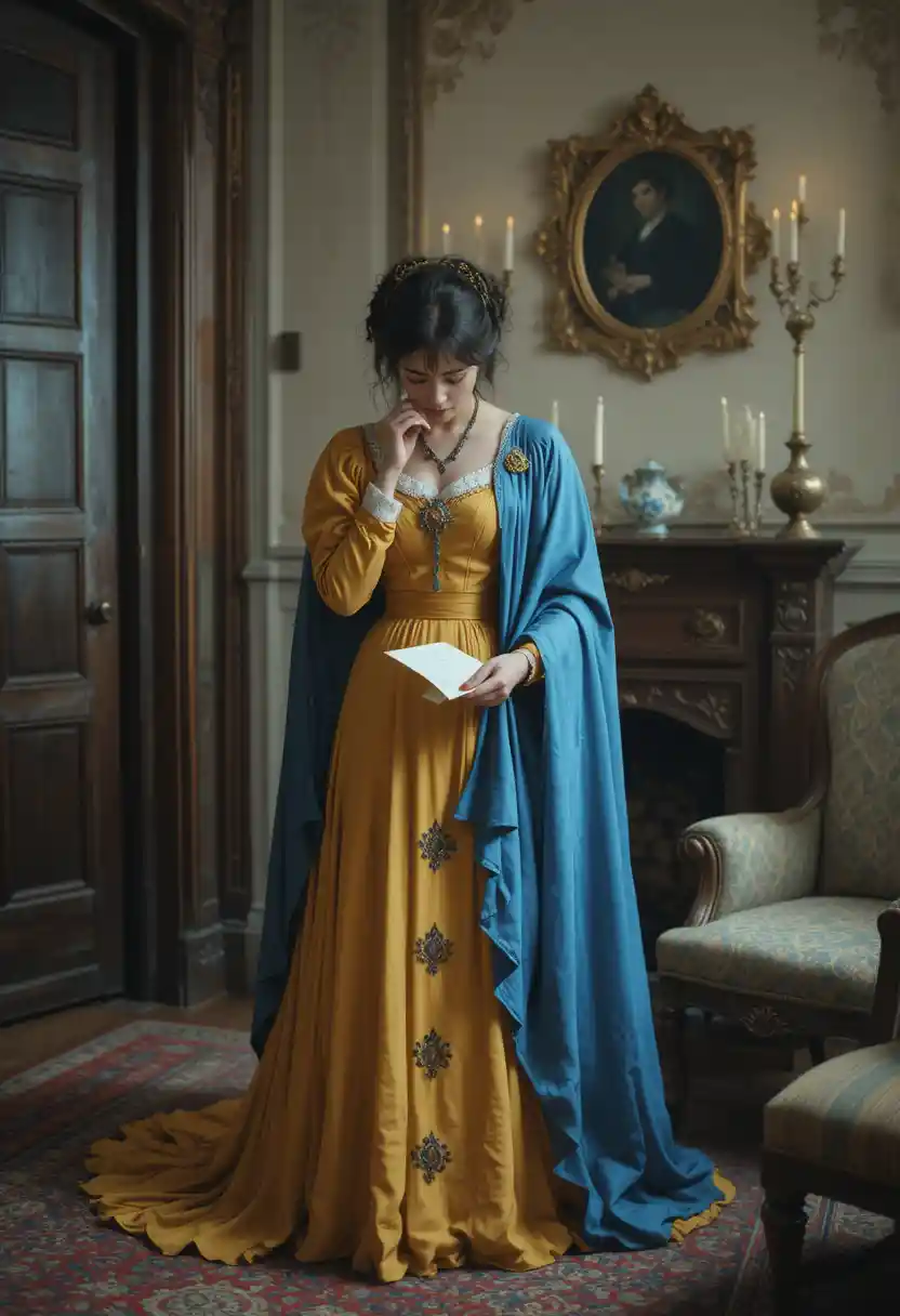 Victorian woman weeping over a letter in a drawing room