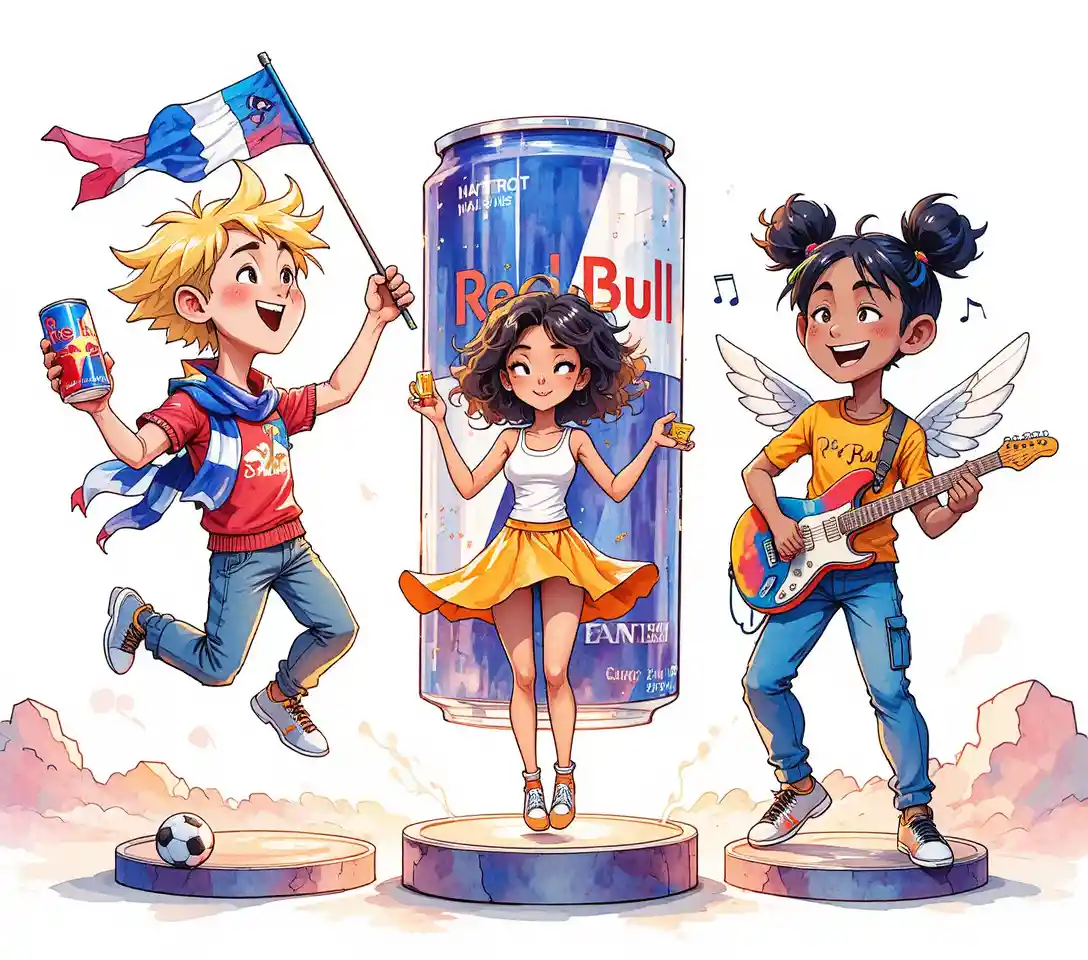 Energetic cartoon friends celebrating with music and sports