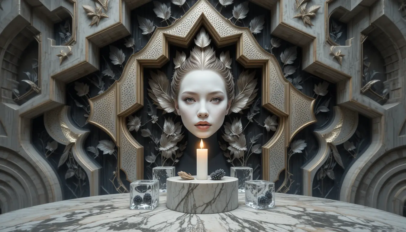 Abstract candle with geometric leaves and marble wall art