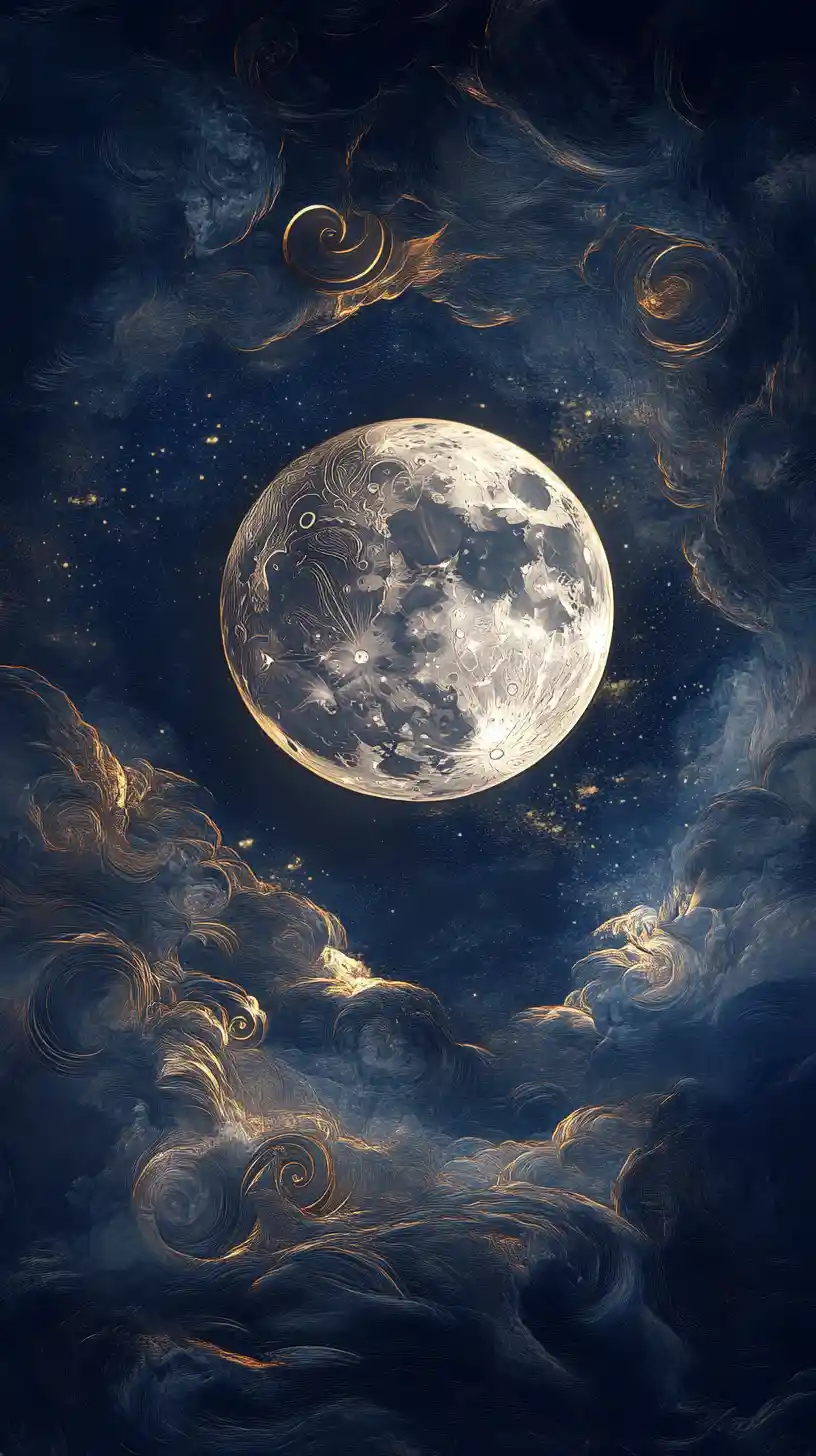 Elegant celestial moon with ornate baroque engravings