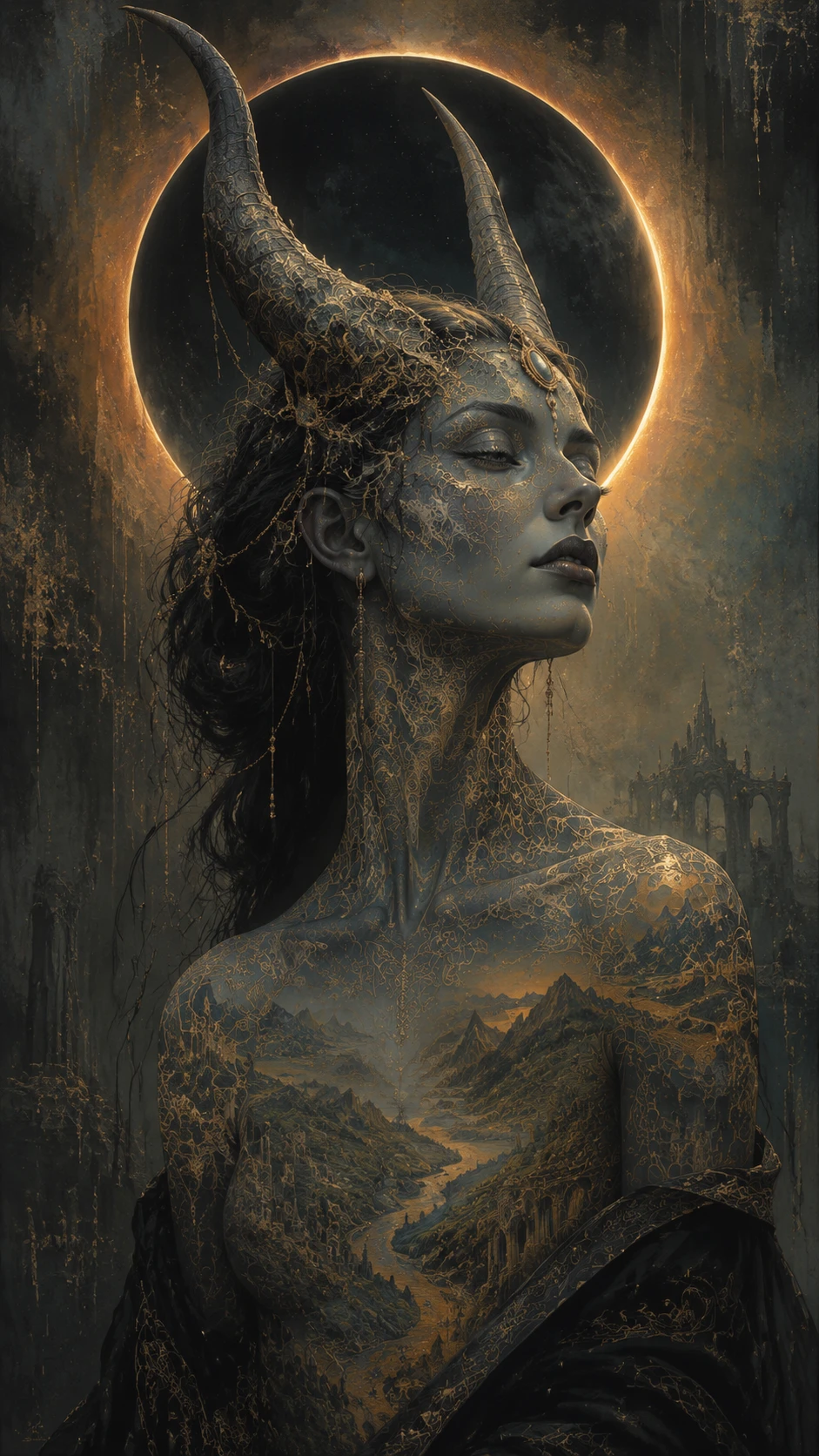 Mystical horned woman with luminous filigree and eclipse halo