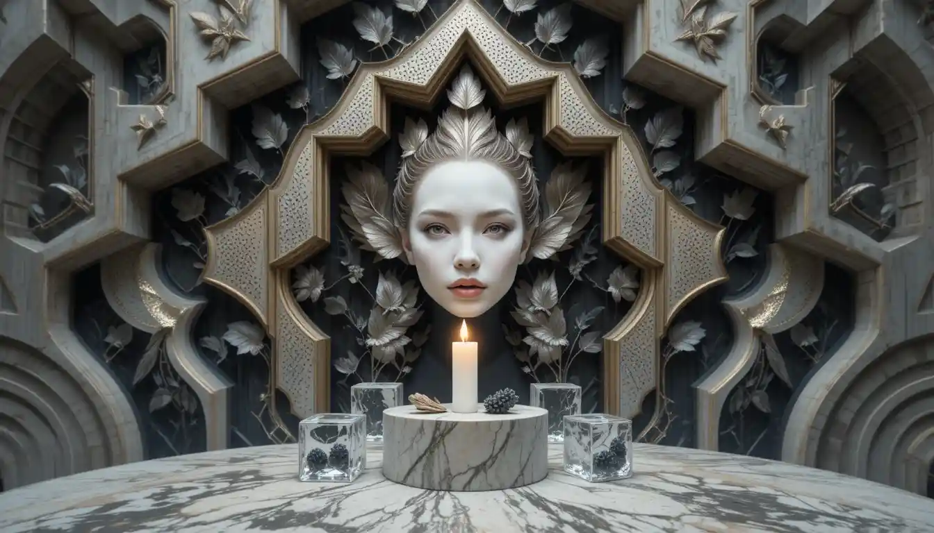 Abstract candle with geometric leaves and marble wall art