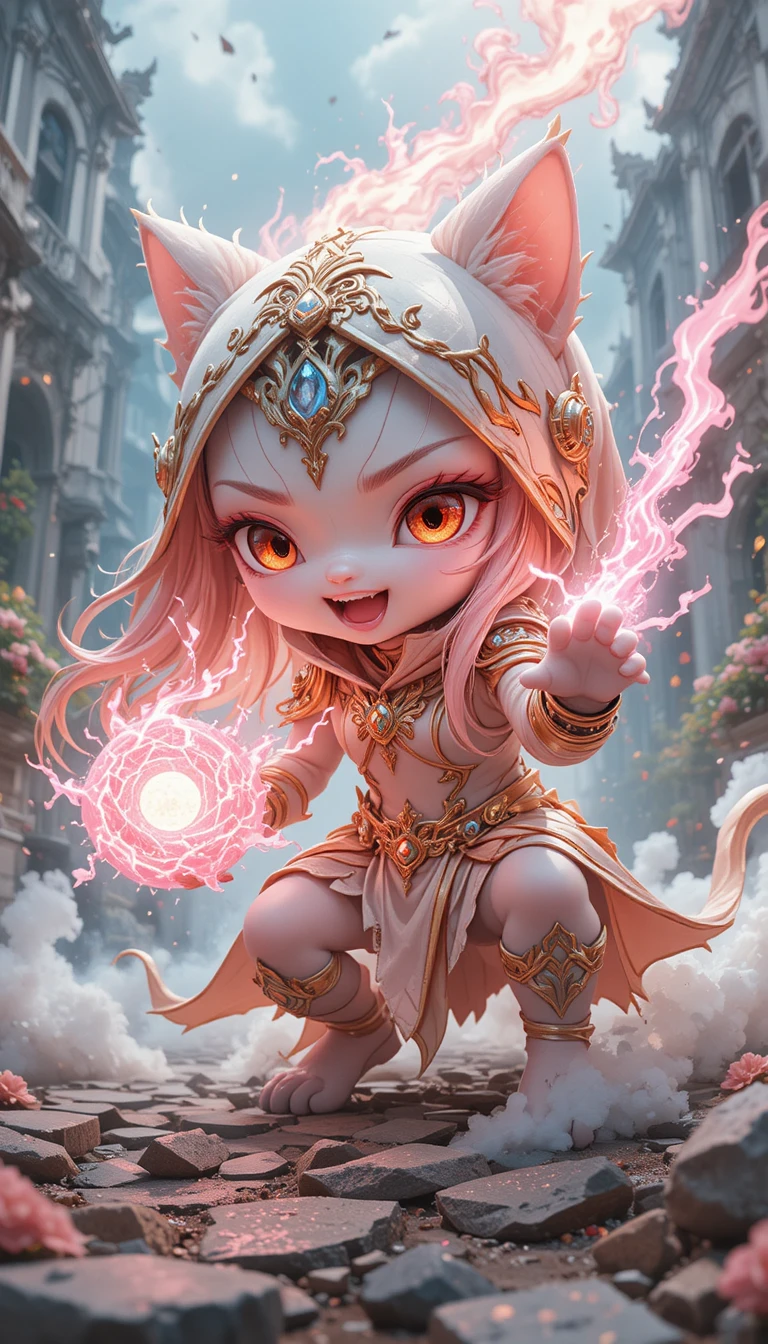 Fierce white kitten charging magic in a fantasy palace