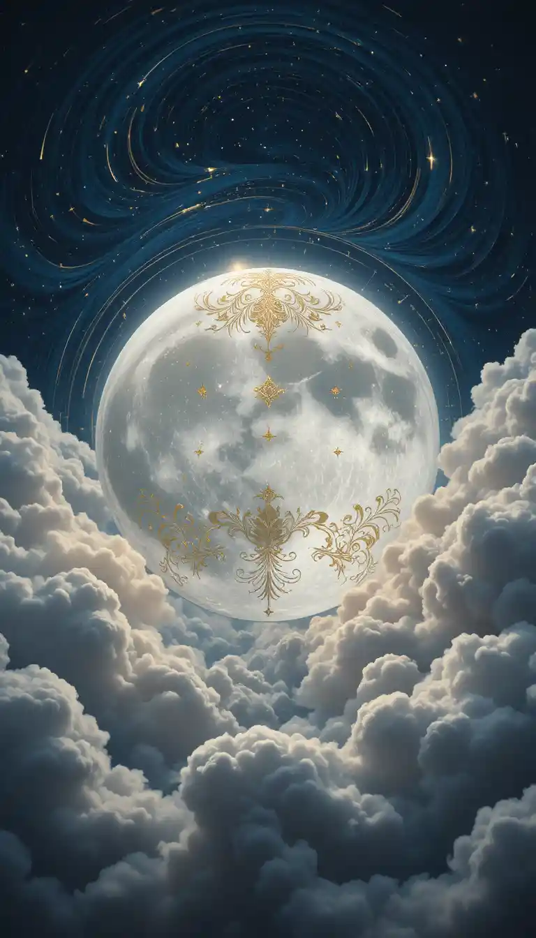 Serene decorative moon against swirling midnight clouds