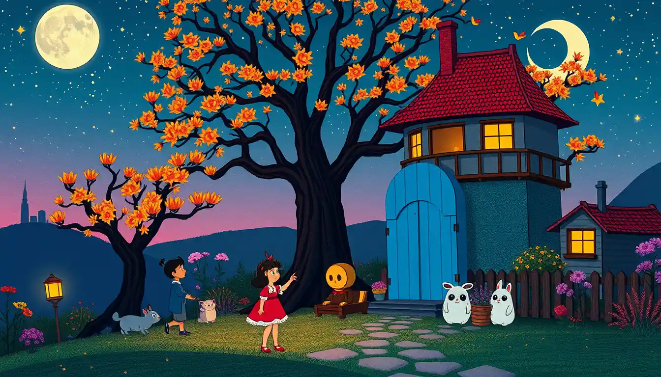 Whimsical girl exploring a neon fantasy village scene