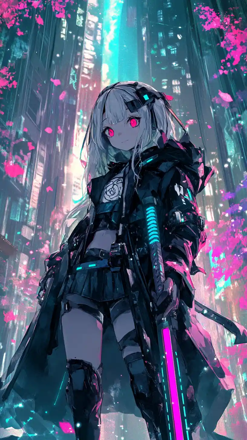 Anime girl near a concrete tower with pink storm trees