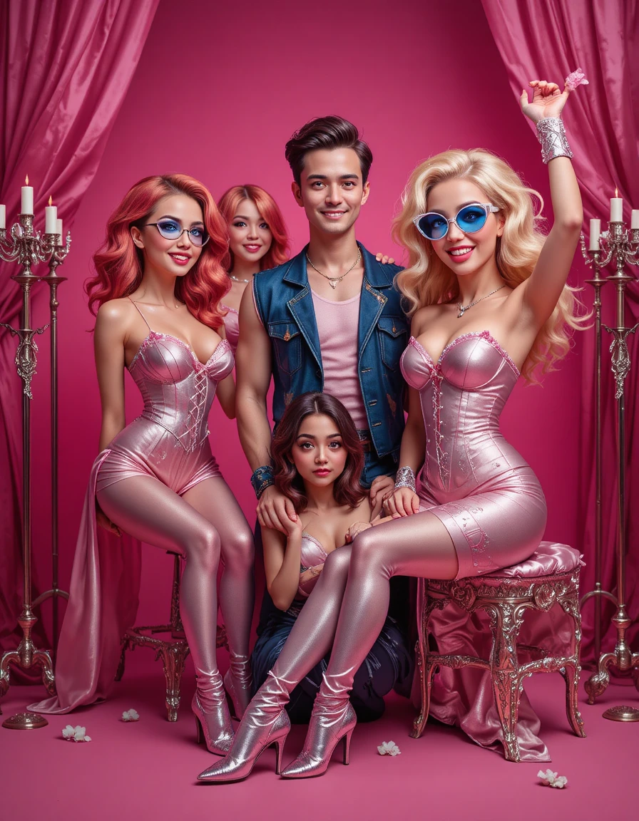 Eccentric group posing in bright pink fashion studio