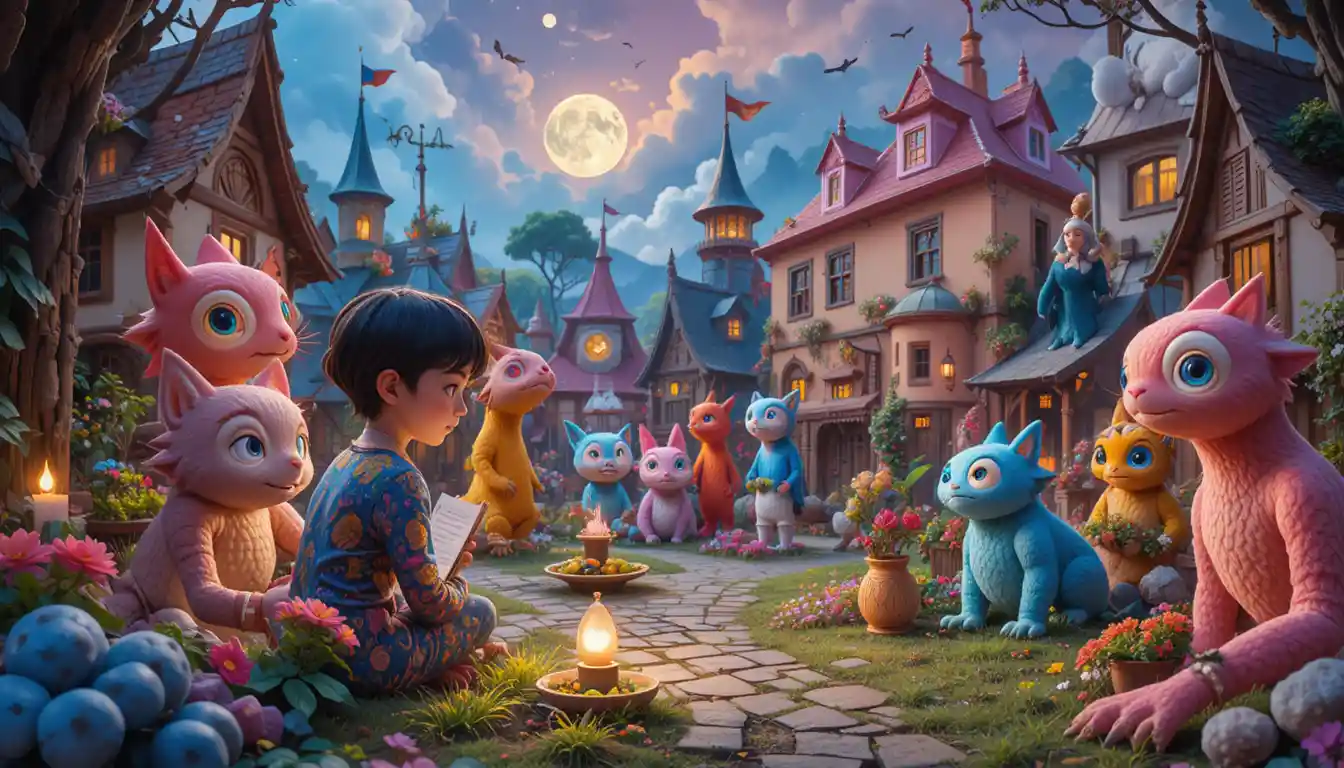 Whimsical cute girl in a neon fantasy village scene