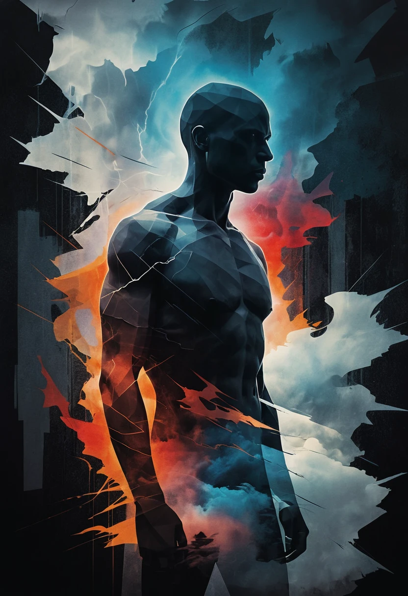 Lone figure before a fractured mirror of inner storm