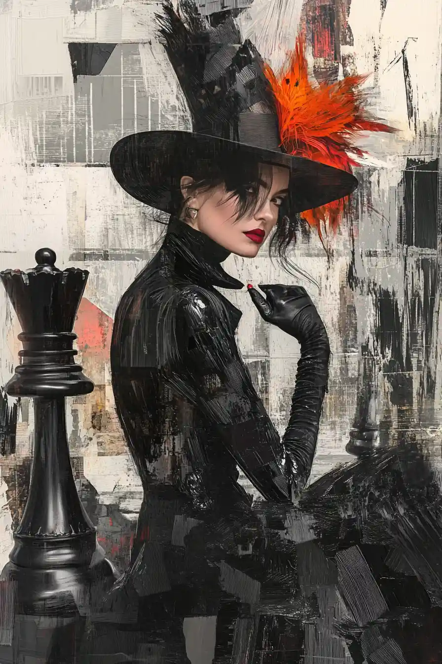 Elegant woman with chess pieces in abstract digital painting