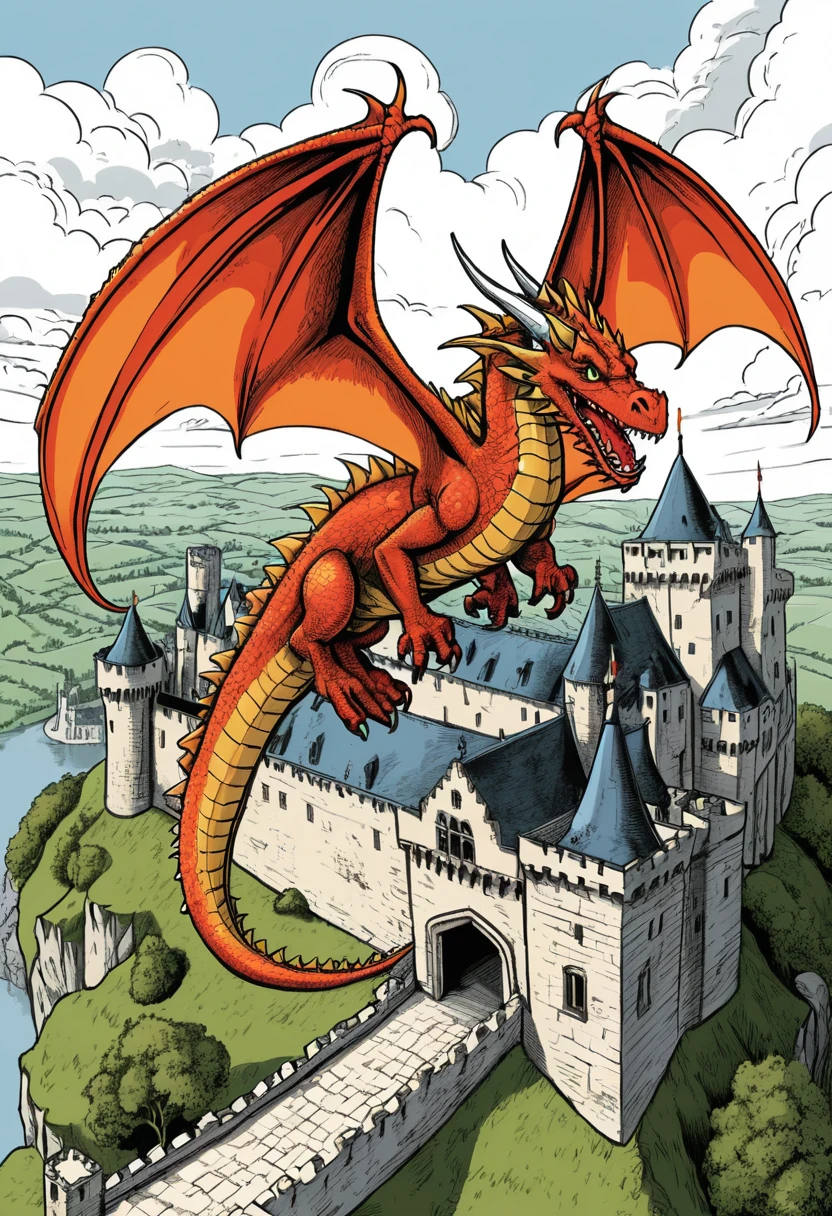 Dragon breathing fire above a medieval stone castle