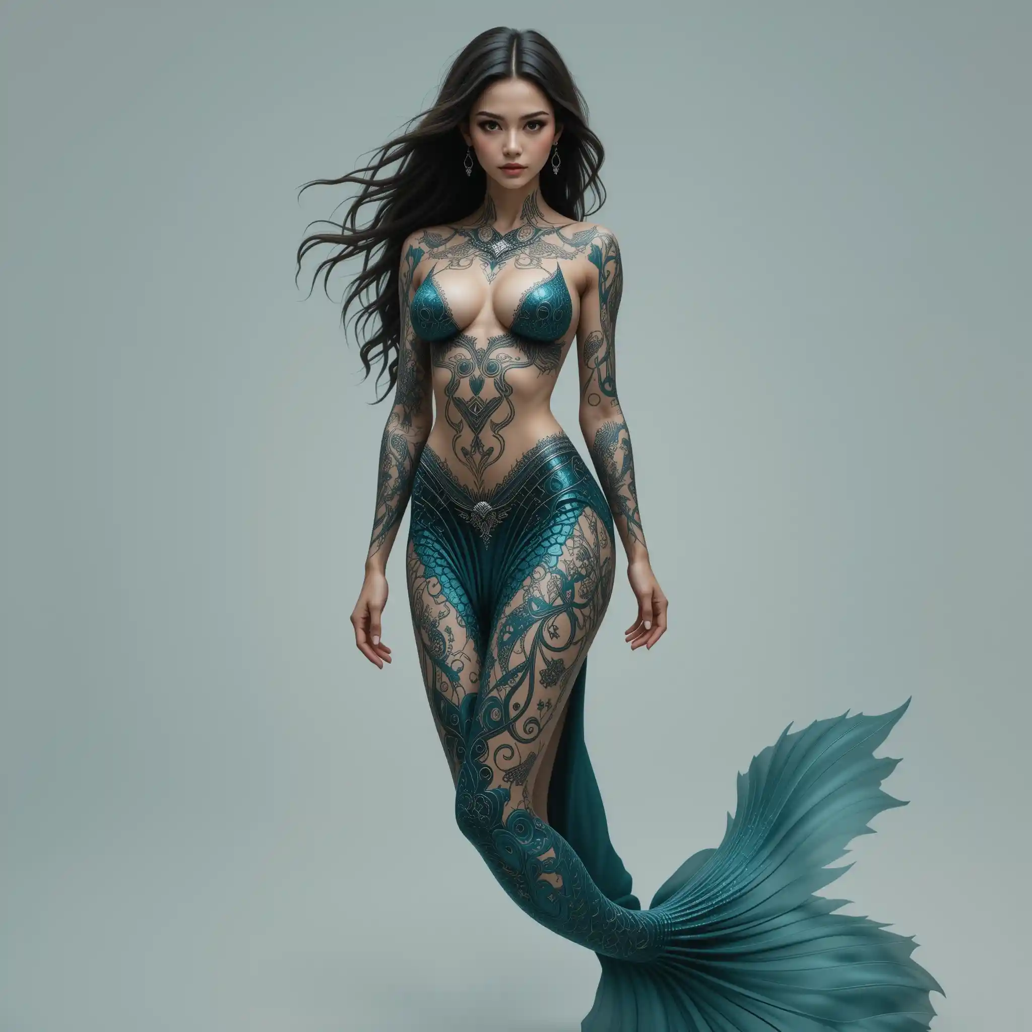 Beautiful topless mermaid with intricate tattoos underwater