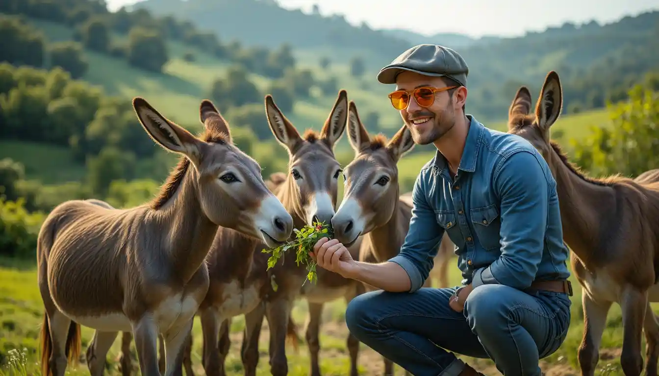 Uomo che dà da mangiare agli asini in un paesaggio rurale collinare verde