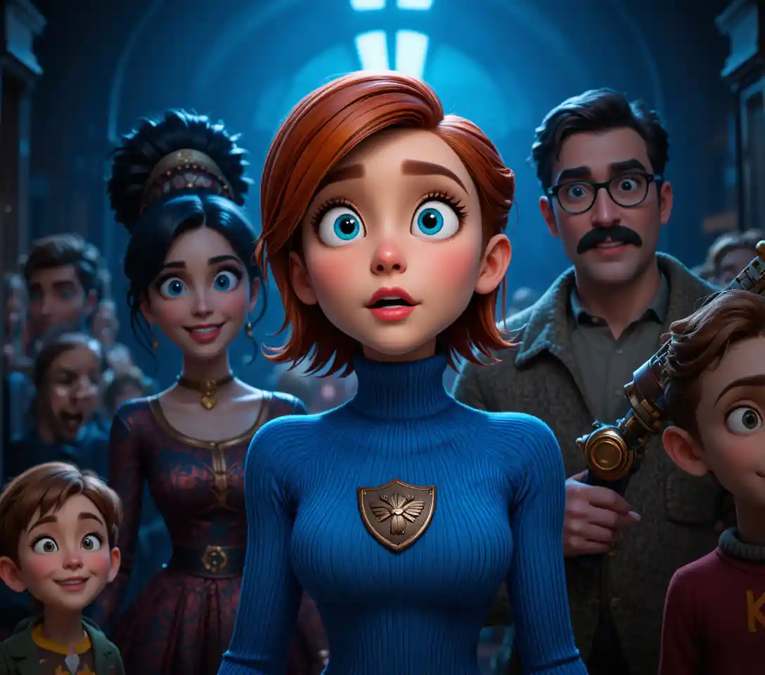 Stylized group of characters in a mysterious indoor scene
