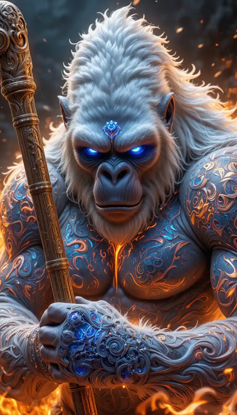 White gorilla warrior with glowing blue tribal tattoos
