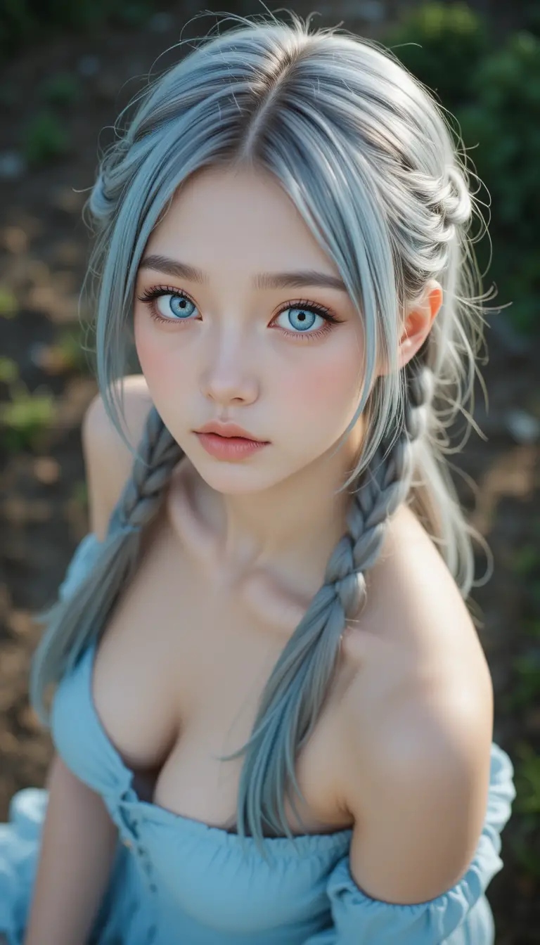 Anime-Mädchen-Porträt, das im weichen natürlichen Licht nach oben blickt