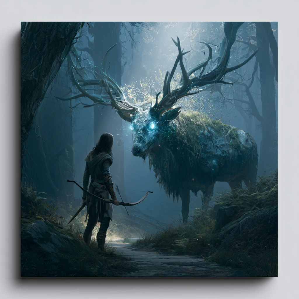 Archer Meeting A Rare Stag On A Mystical Forest Path