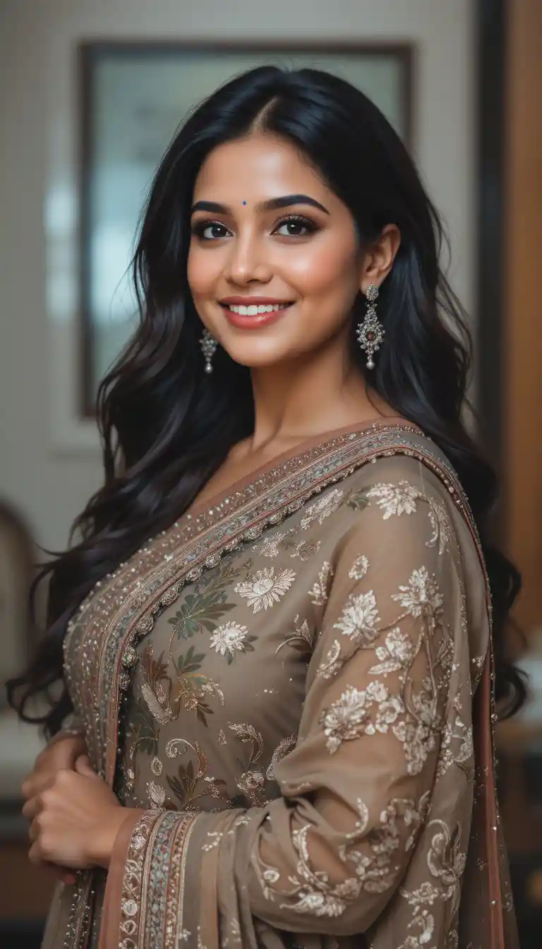 Confident Indian woman smiling in modern traditional attire