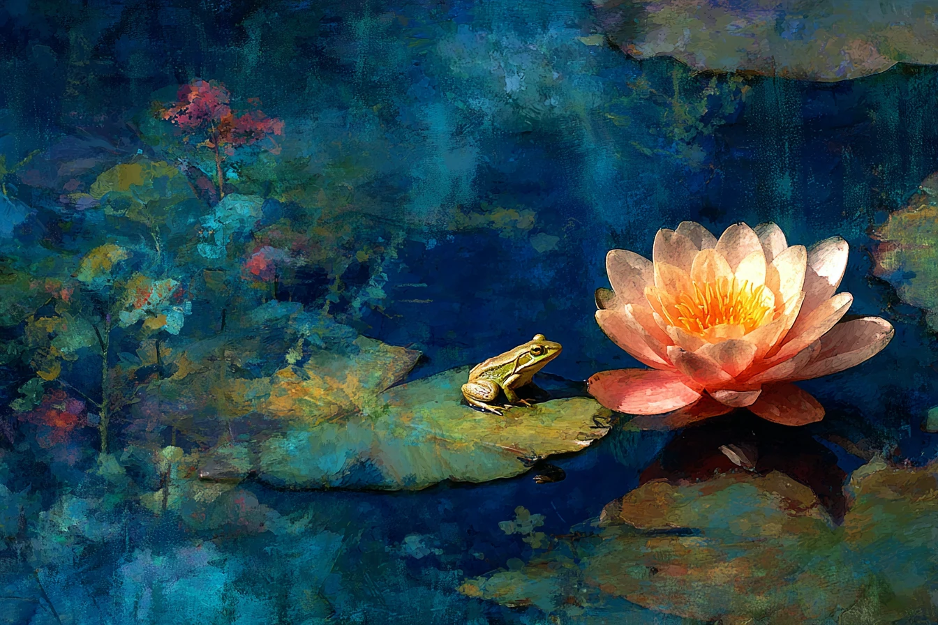 Surreal frog on a single water lily in a quiet pond