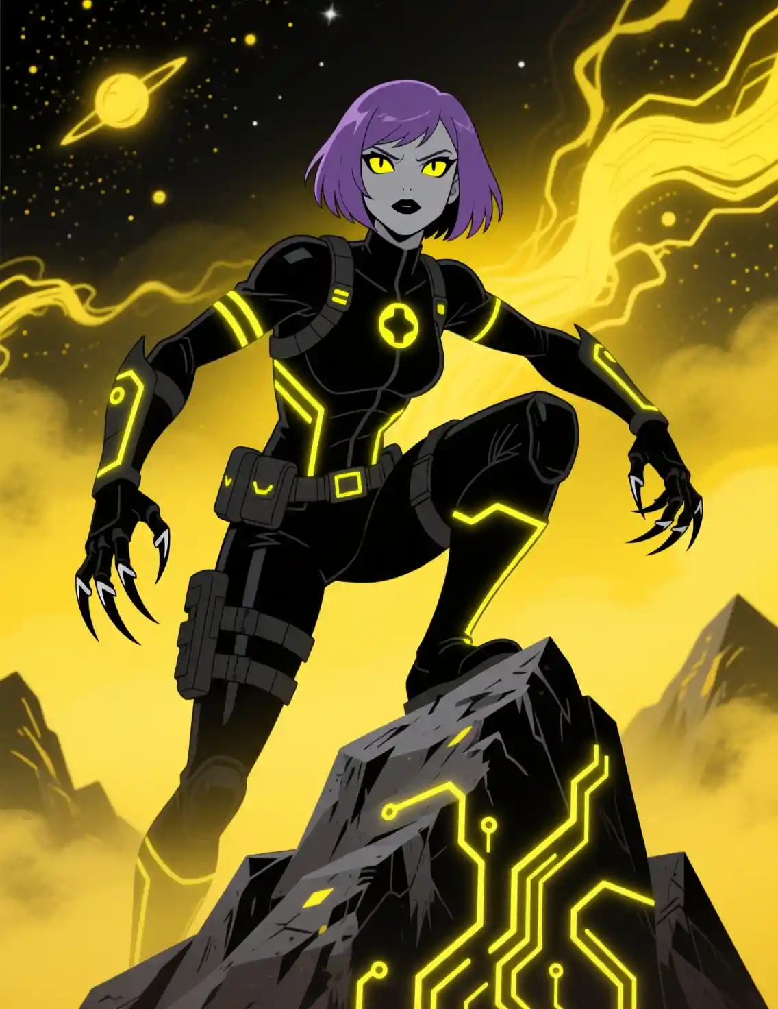 Futuristic gray skinned woman climbing a rocky space peak