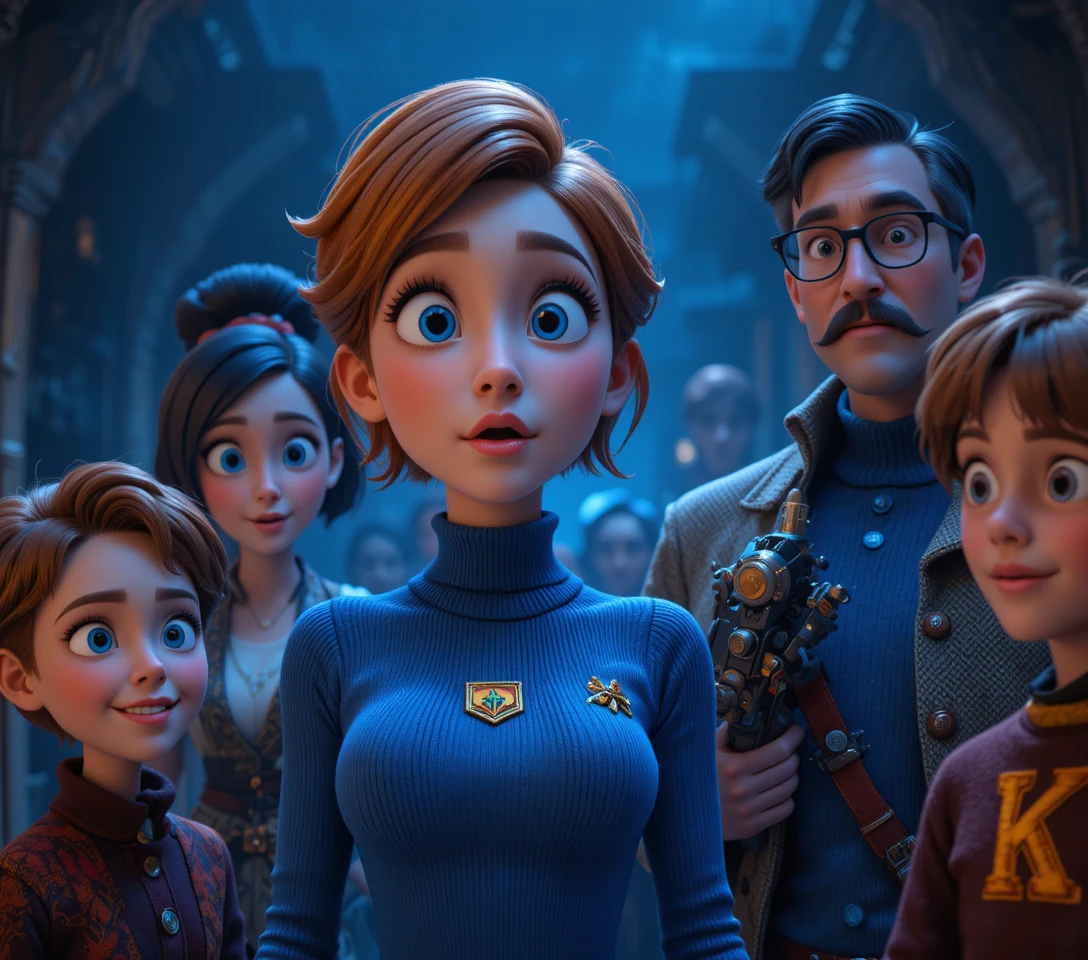 Animated group in a moody indoor scene with blue lighting