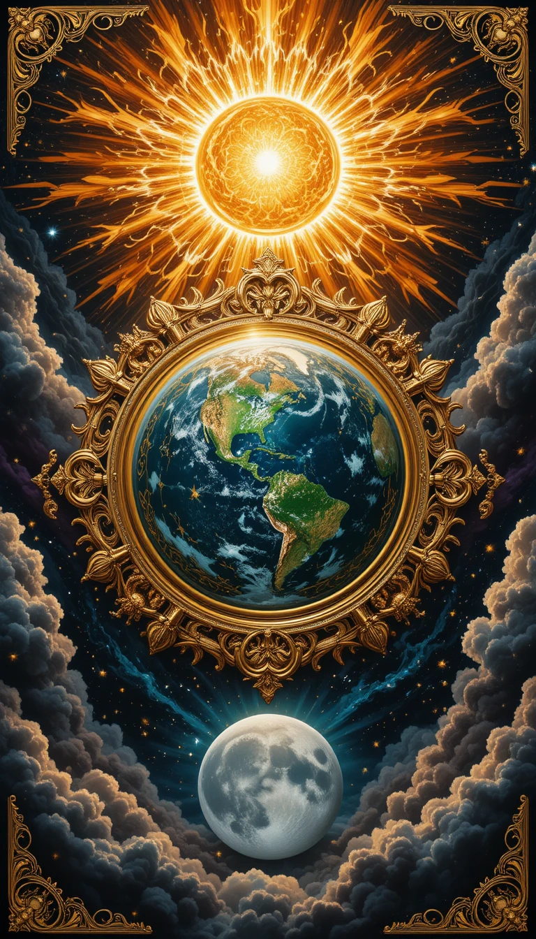 Blazing golden sun above ornate jewel like earth and moon