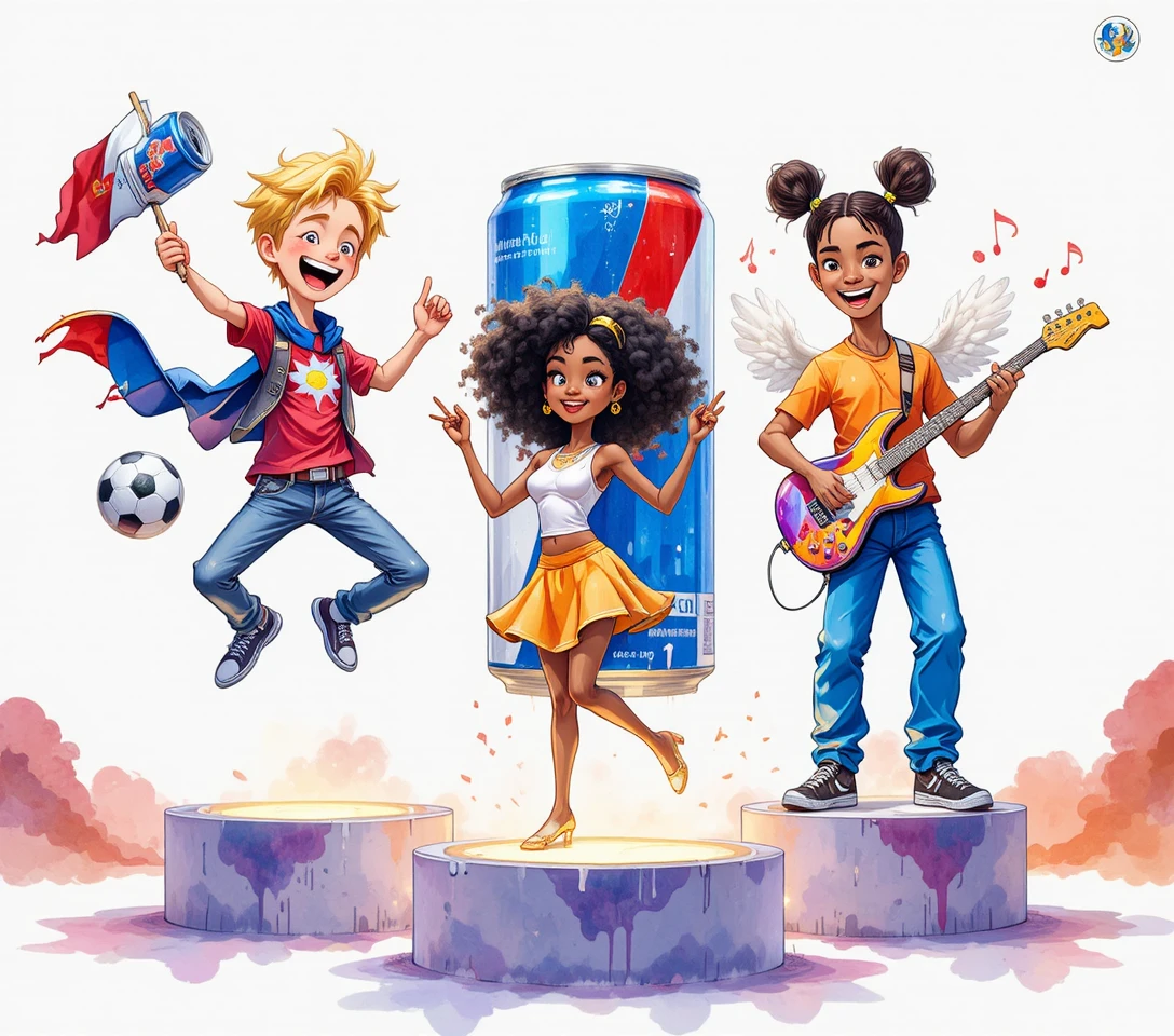 Joyful friends celebrating with music dance and energy drink
