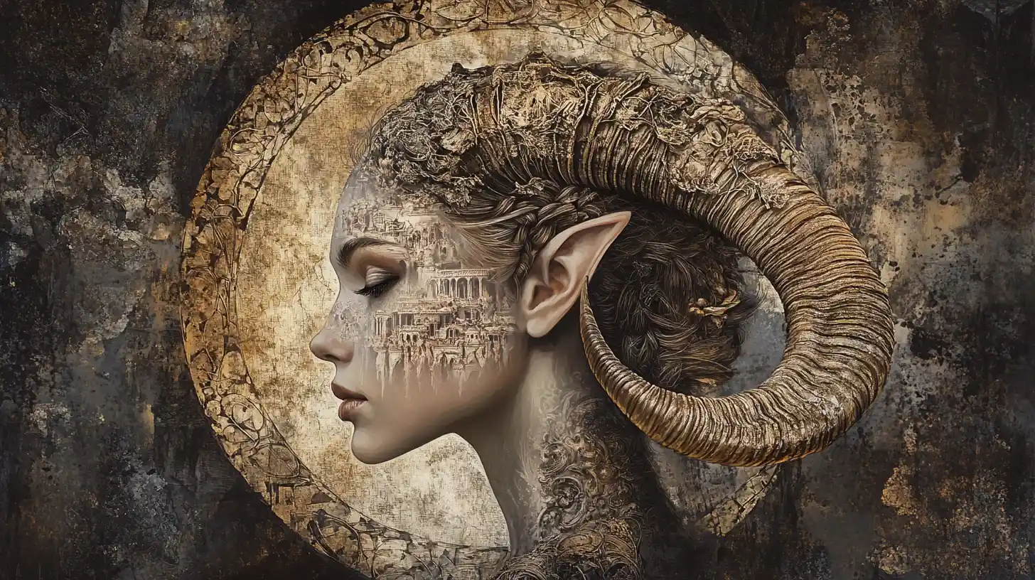 Mystical horned woman portrait with glowing eclipse halo