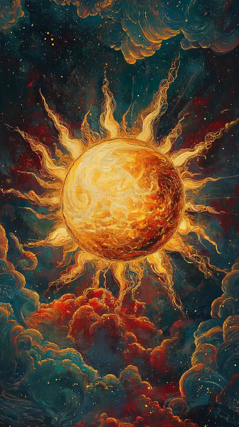 Radiant golden sun with baroque solar flares in space