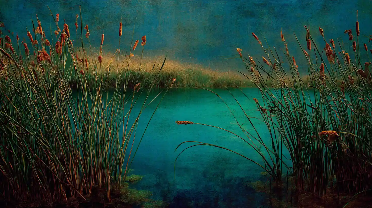 Surreal pond with shoreline reeds in vibrant pop colors