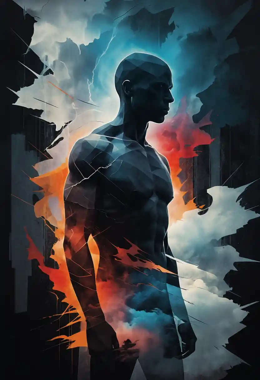 Lone figure before a fractured mirror of inner storm