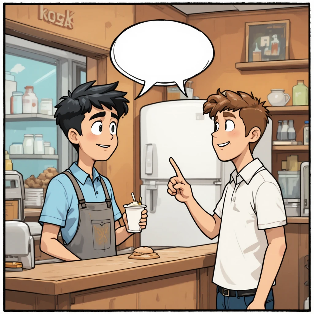 Man ordering yogurt at cafe counter in comic strip