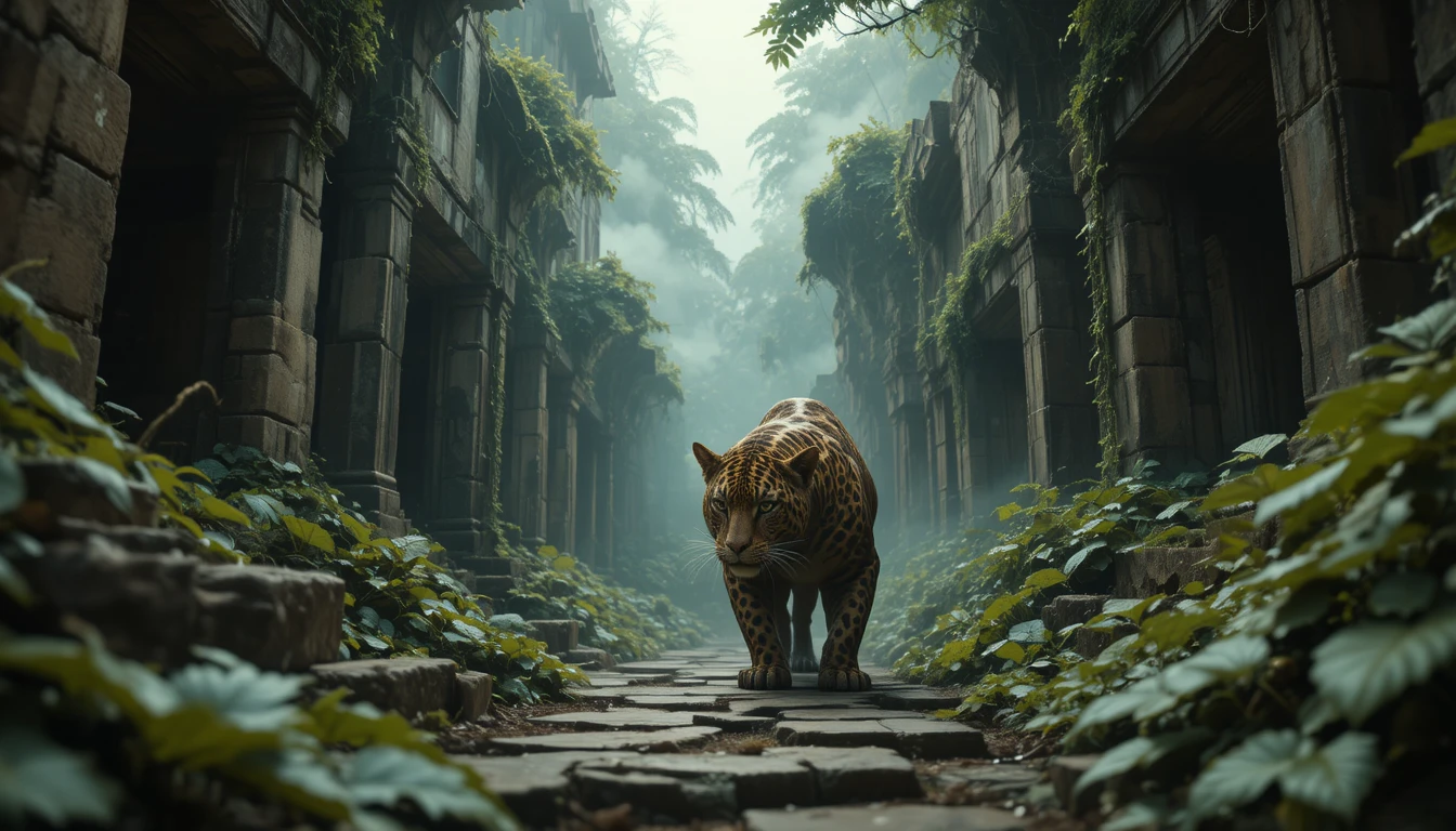 Solitary jaguar stalking through misty jungle ruins