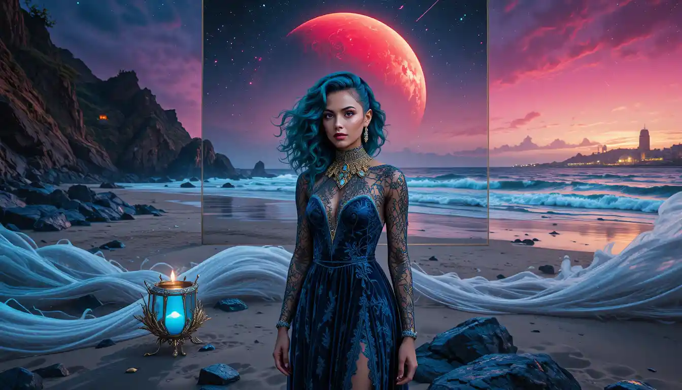 Surreal woman before crimson planet on alien shore