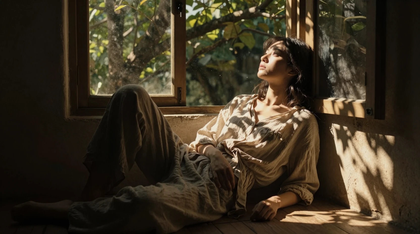 Young woman in rustic room with dappled sunlight