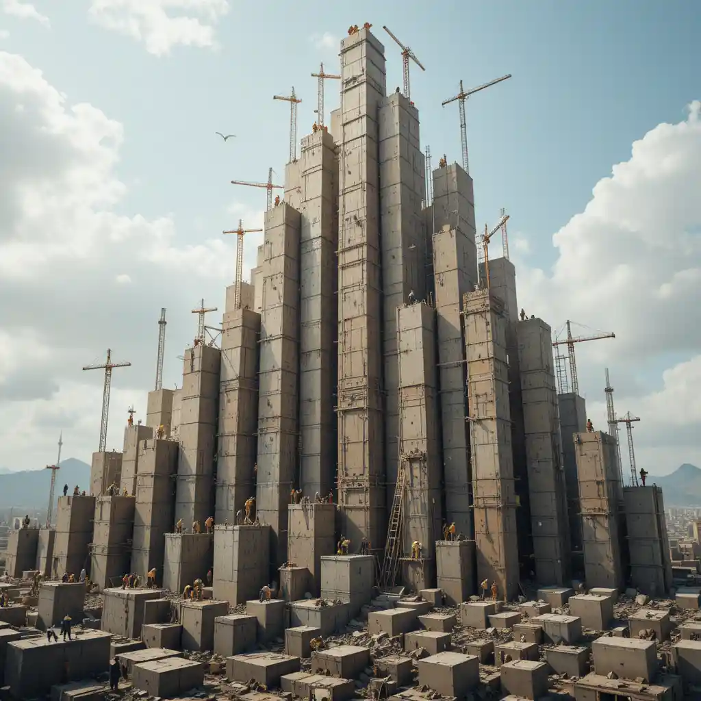Workers reinforce a towering central bar chart structure