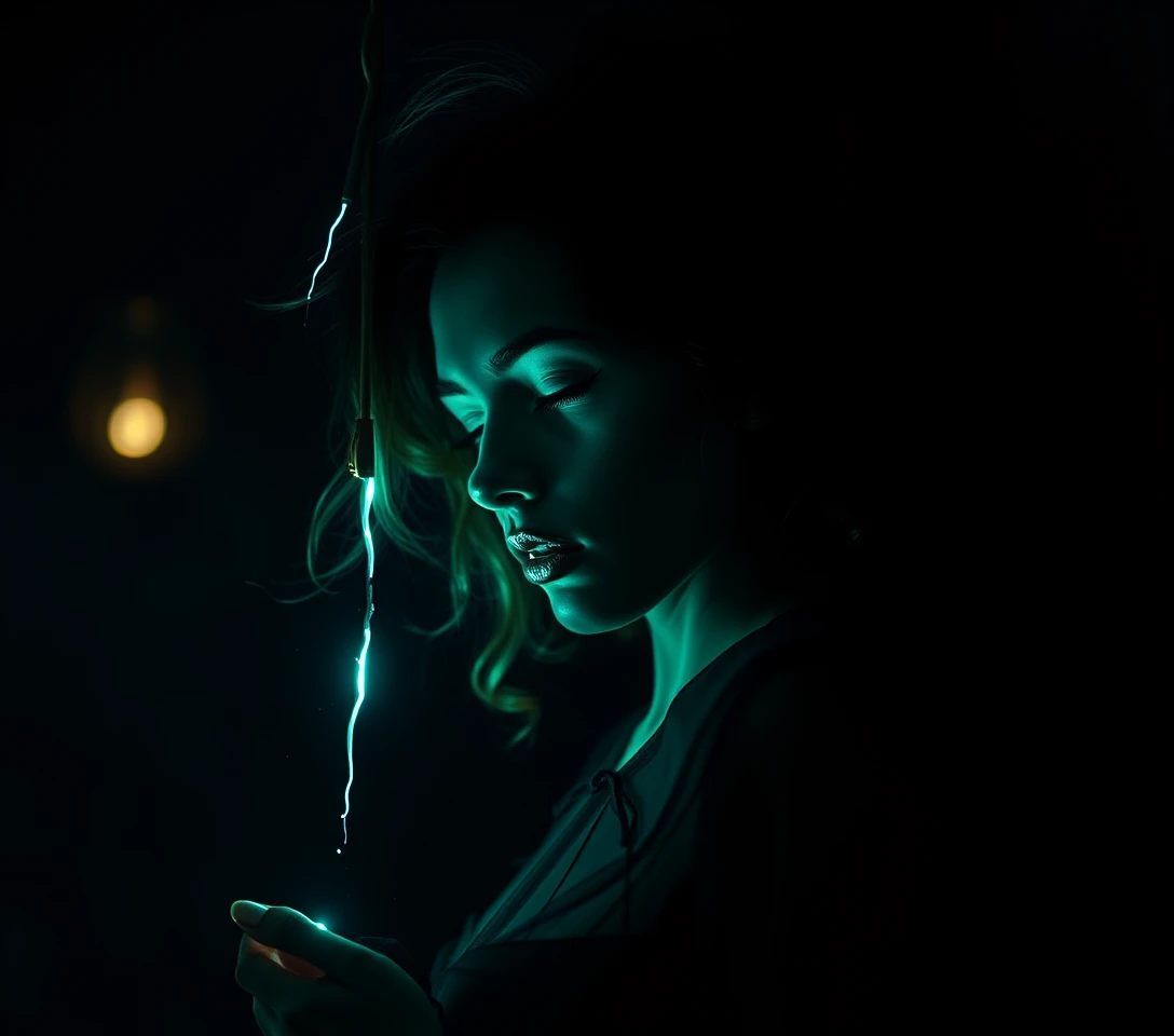Ethereal woman suspended in a moonlit urban alley