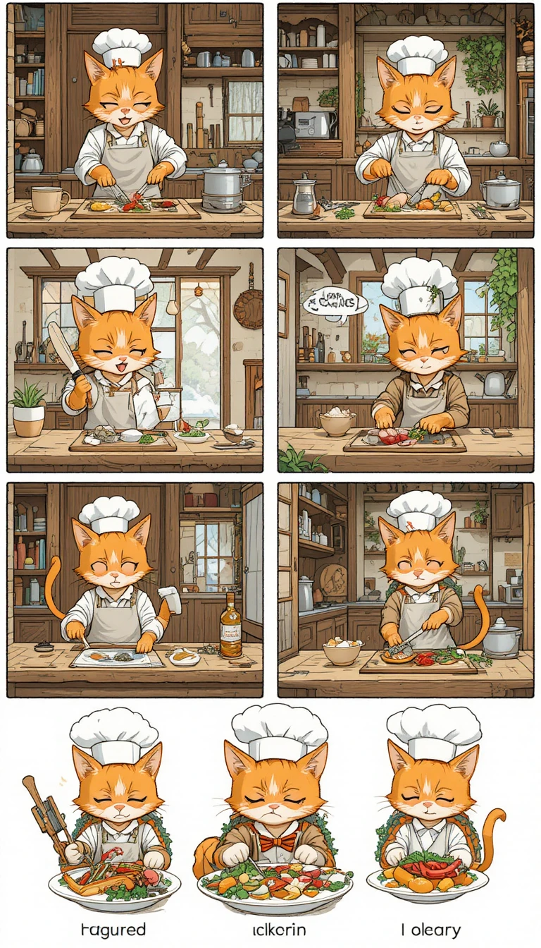 Chef orange tabby cat cooking in a rustic outdoor kitchen